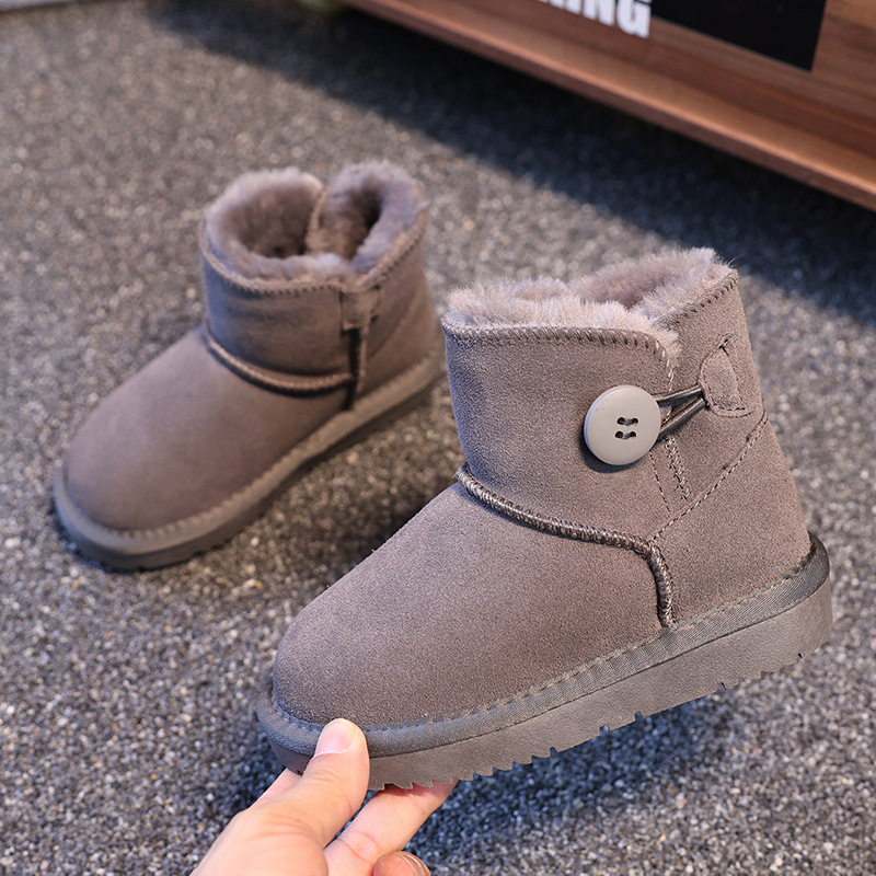 Free Shipping 2025 New Kids Genuine Leather Snow Boots Single Buckle Design Winter Thermal Thickened Anti-Slip Fleece Lined Booties for Boys Girls EU 