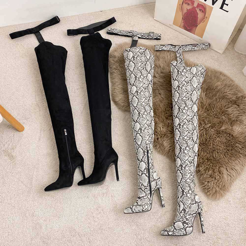 Leather boots, one-piece boots, slim heel pointed toe, sexy knee length pants, boots, oversized high heels, long boots