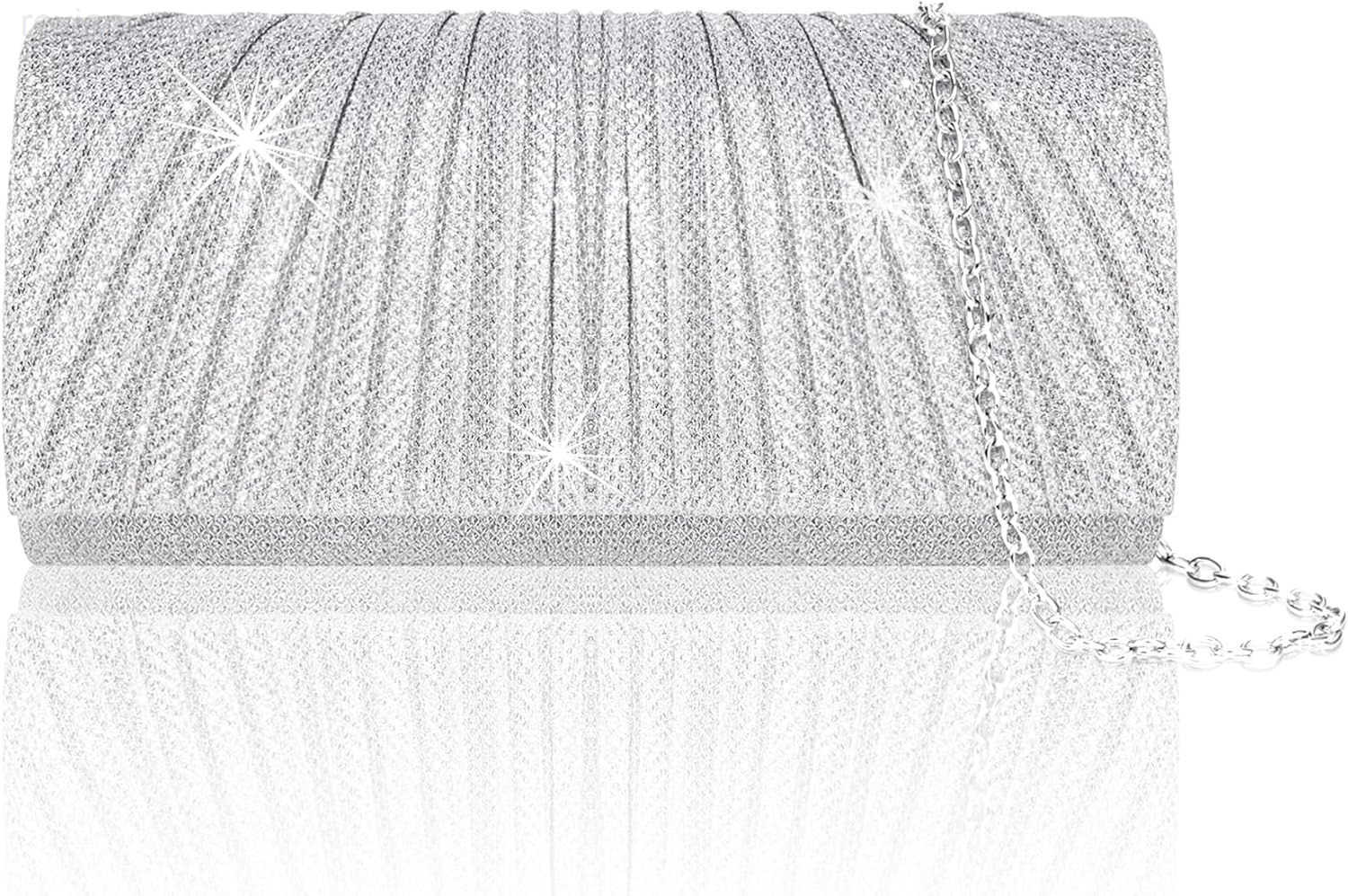 Clutch Purses for Women Elegant Pleated Evening Bag with 2 Removable Chain Straps Sparkling Silver Party Bags Envelope Ladies Handbags for Formal Even