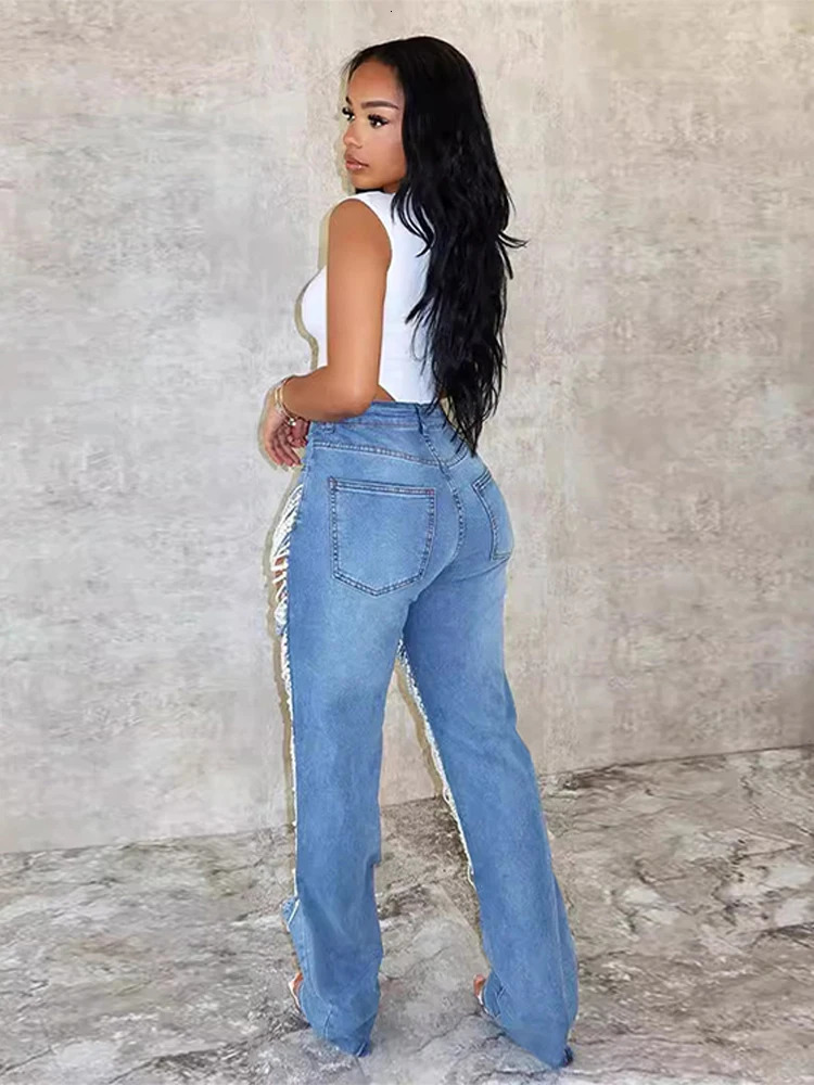Chic Bead Hollow Out Womens Jeans Summer High Waist Zipper Slim Straight Jean Female 2025 Blue Hip Package Streetwear Lady Pant 250908