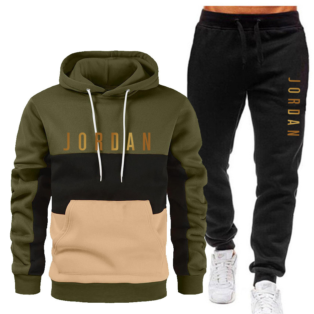 New Men's Plush Splicing Hoodie Sweatshirt Set with Three Splicing Printed Casual Sports Set