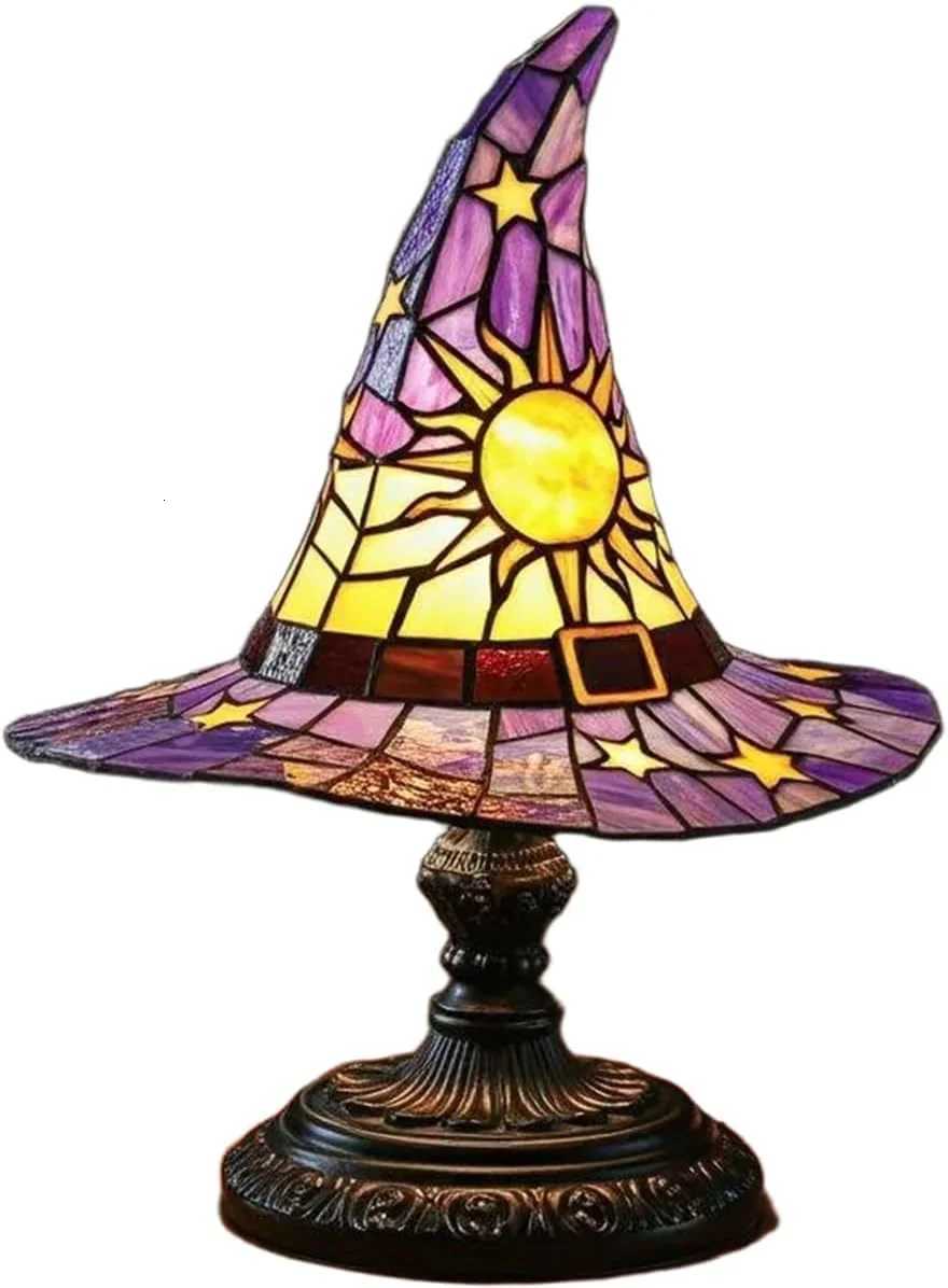 Stained Glass Witch Hat Lamp Bedside Night Light Halloween Decor Perfect for Halloween Decorations Haunted Houses Living RoomsXJ250908