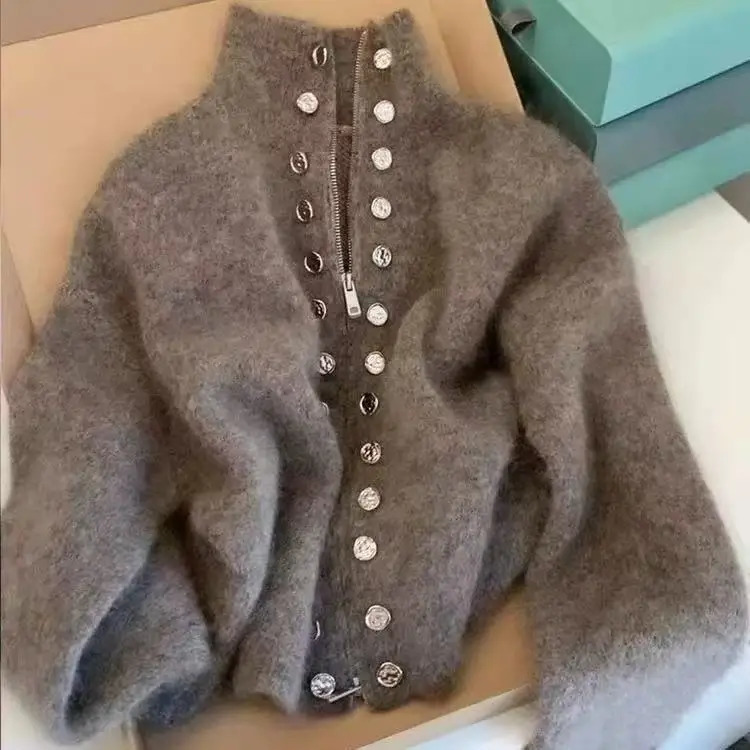 Fluffy Knitted Cardigans Sweater Double Breasted Sweater Coat Women Autumn Winter Highend Lazy Zipper Knit Top 250908