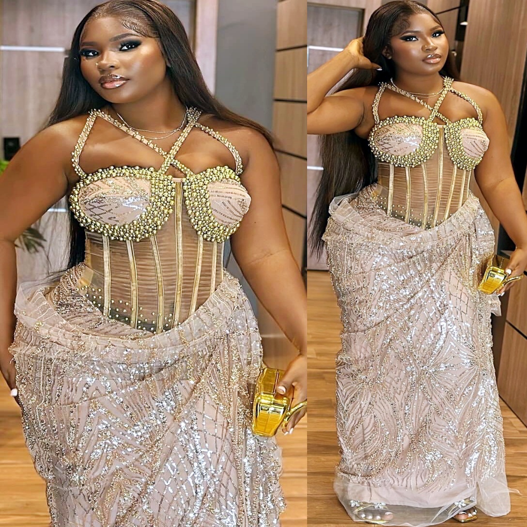 Aso Ebi Champagne Straight Prom Dresses 2025 Spaghetti Beaded Sequined African Evening Formal Party Second Birthday Engagement Dress Gowns robe de mar