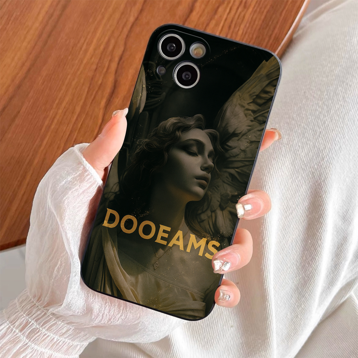 Luxury Angel Statue Design Phone Case for iPhone 11-16, Artistic Protective Cover with Golden Letters DOOEAMS, Stylish TPU Back Shell