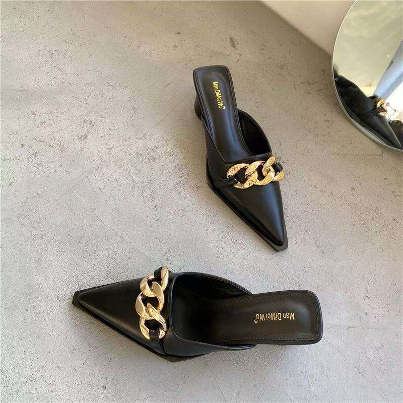 Summer Women New Black High Slippers Close Toe Block Heels Mules Designer Slip on Loafers Slides Party Shoes dh911463038
