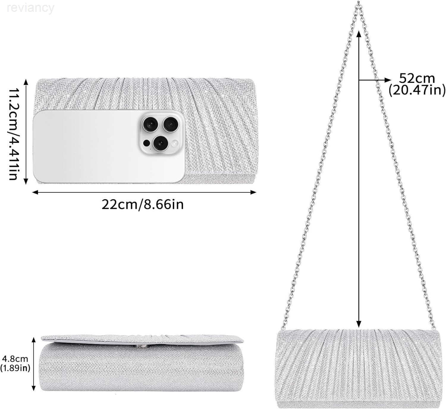 Clutch Purses for Women Elegant Pleated Evening Bag with 2 Removable Chain Straps Sparkling Silver Party Bags Envelope Ladies Handbags for Formal Even