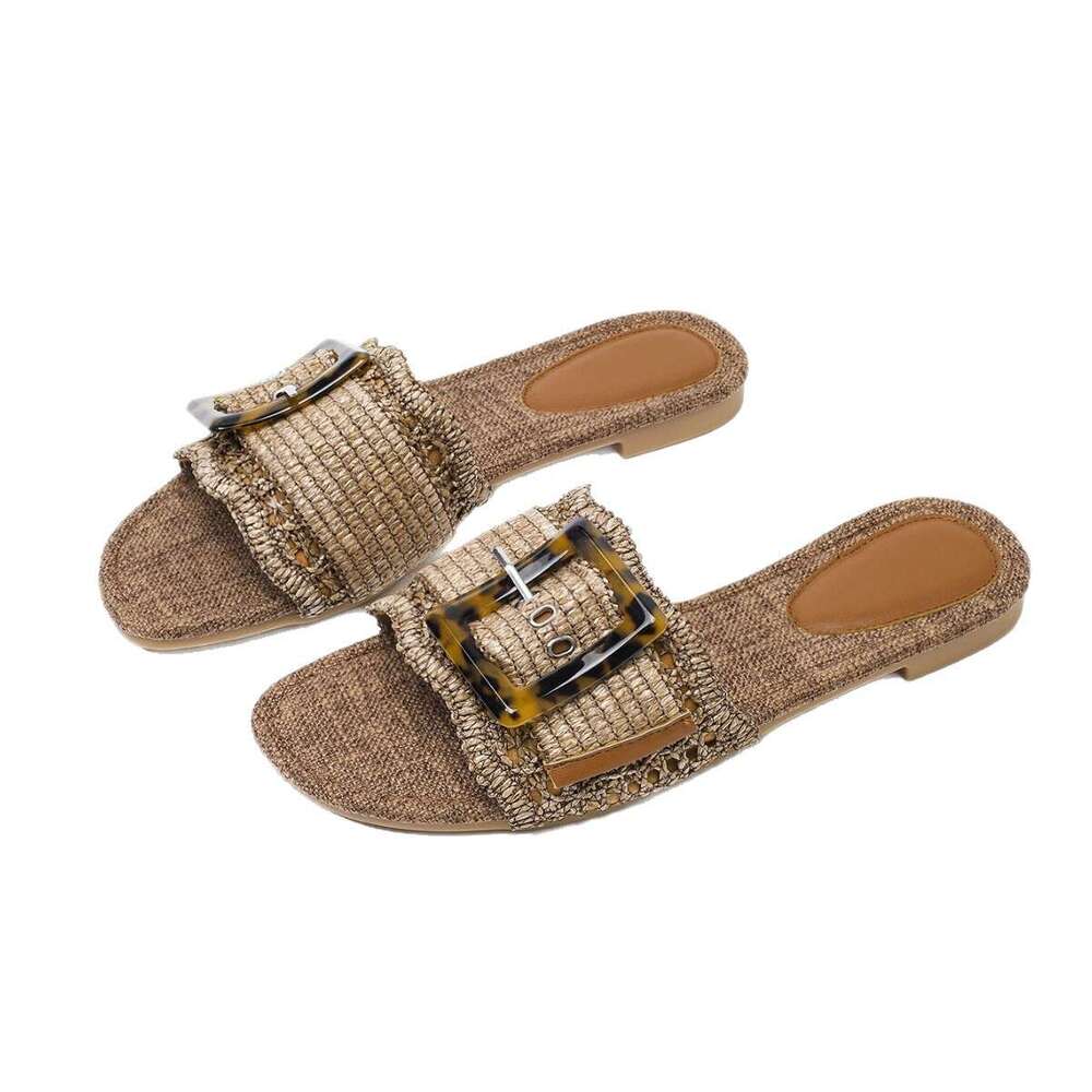 2025 Summer New Round Toe Woven Slip-On Large Size 35-43 Women's Shoes Breathable Casual Flat Sandals