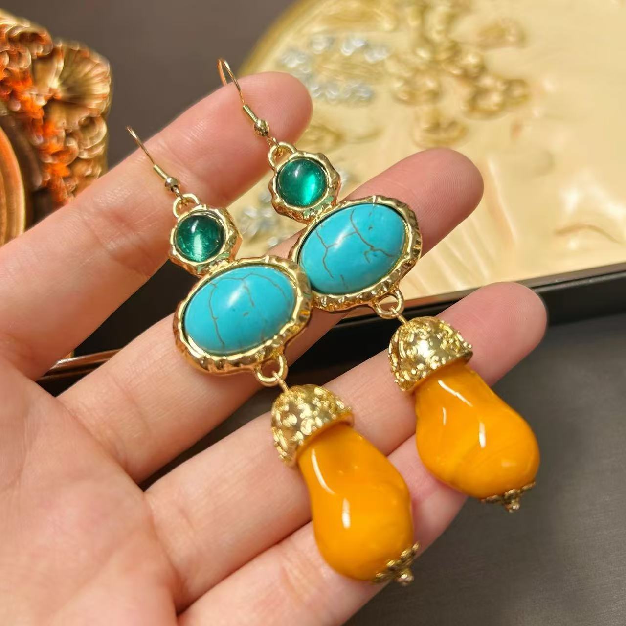 YYGEM Blue Turquoise Nugget Shape Gold Plated Brushed Bead Dangle Hook Earrings office style for women 240910