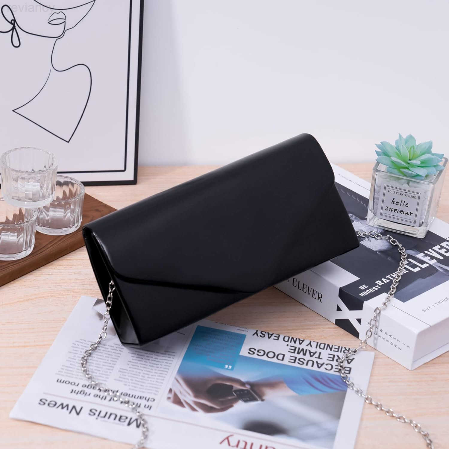 Envelope Clutch Purse for Women Vegan Leather Evening Bag with Chain Strap Wedding Cocktail Party Formal HandbagW250908