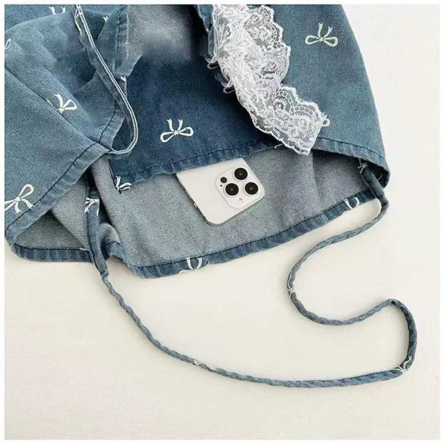 Cowboy canvas bag ladies bow sweet and versatile tote bag large capacity casual shoulder bag R250908