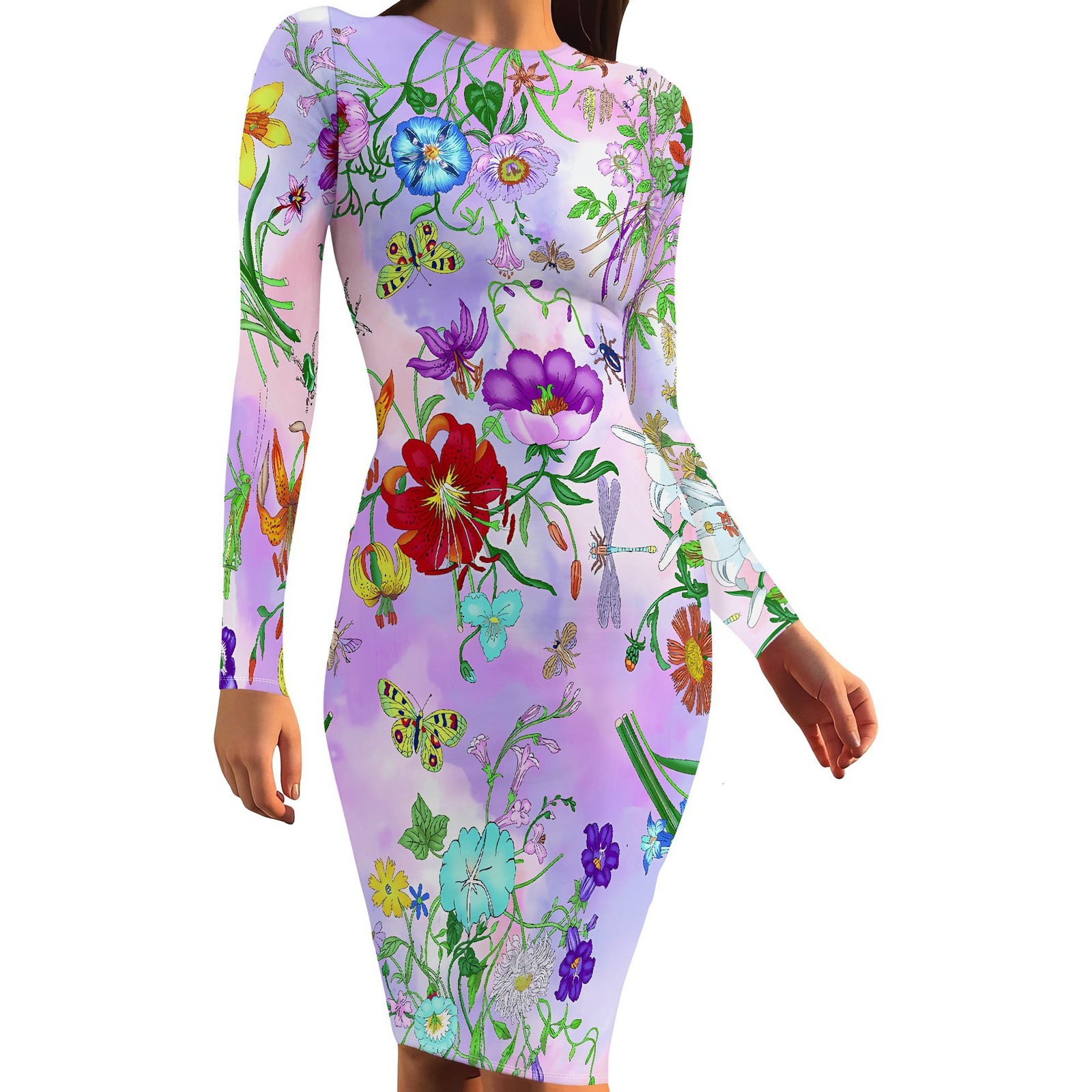 Hotselling Womens Fashionable Commuting Casual Printed Longsleeve Round Neck Midlength Dress 210806