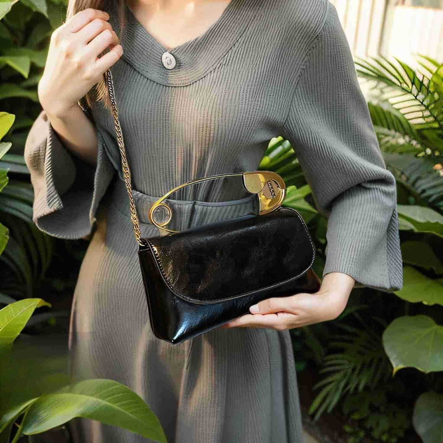 Womens Small Black Soft Pin Shaped Vegan Leather Crossbody Purse Bag with Gold Metallic Handles ChainW250908