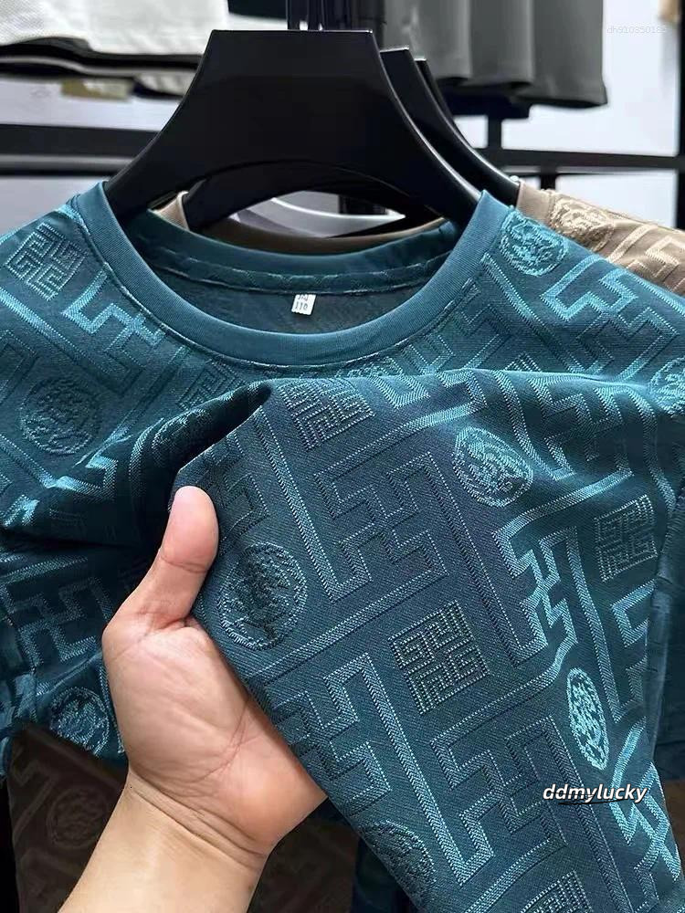 Men's T Shirts High End Brand Fashion Printed Short Sleeve T-Shirt Men Summer Ice Silk Plaid Round Neck Casual Breathable Top ddmyLucky