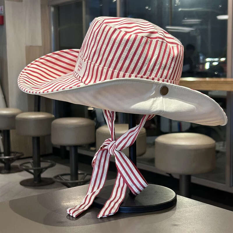 DHpet_wholesale Korean - style Ins - inspired Fresh Striped Large - brim Sun - protection Fisherman Hats for Women: Two - way Wearing & Wind - resista