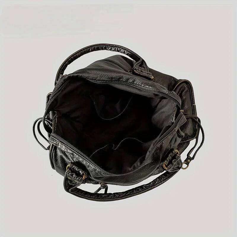 Vintage Washed PU Leather Large Capacity Tote Zip Pockets Braid Decor Shoulder Cross Body Bag Women Daily Travel Handbag