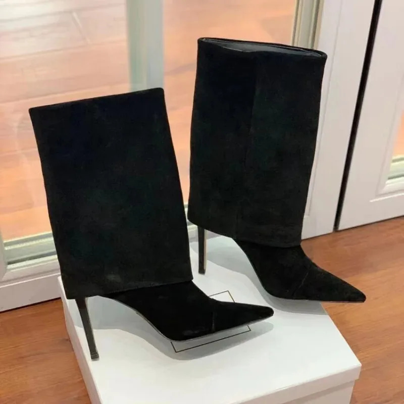 European and American Retro Highheeled Brown Frosted Flanged Sleeve Middle Boots for Women Pointed and Simple Versatile Style 250908