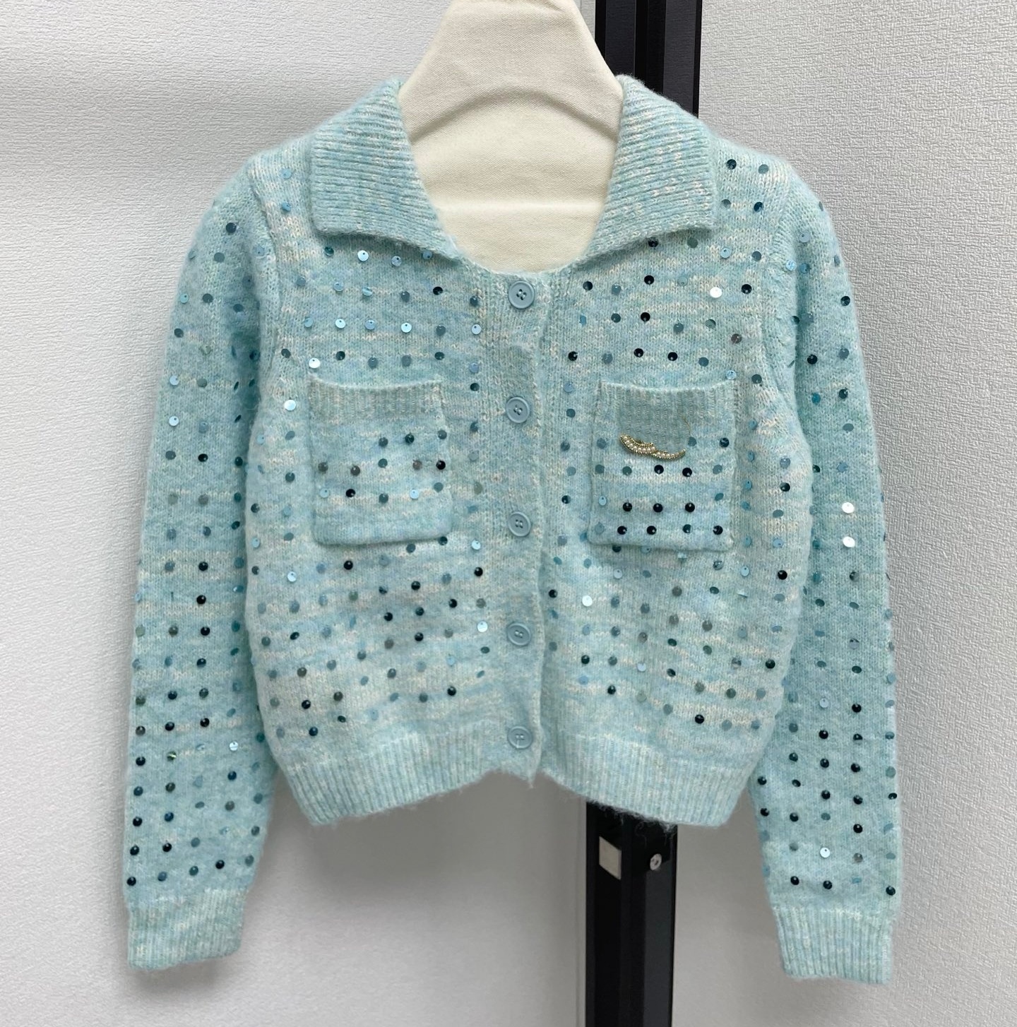 Blue luxury designer cardigan retro blue sequin floral yarn knitted sweater jacket for women 2025 new autumn women's clothing