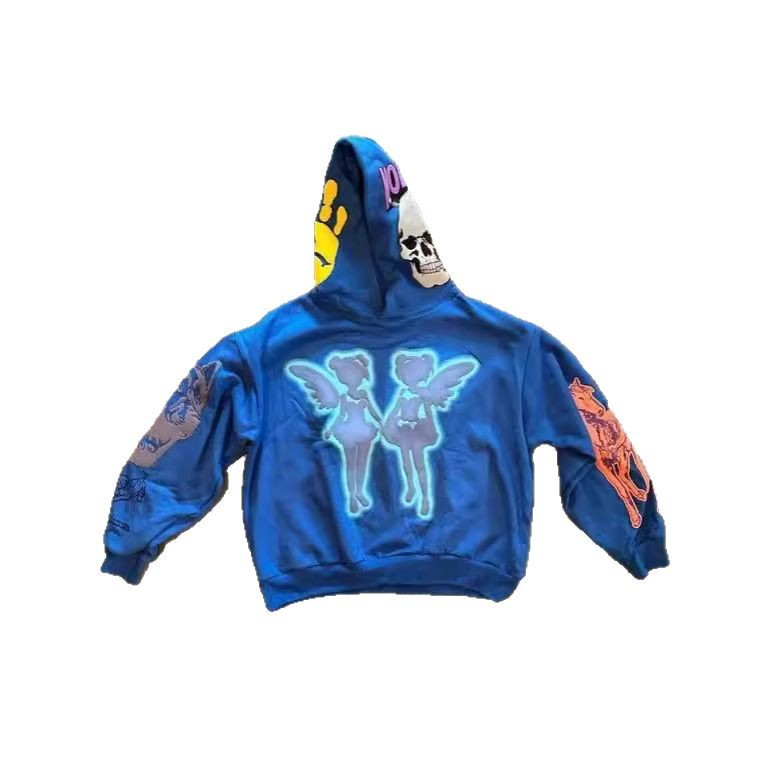 American style Y2K cartoon street hair bubble print hip-hop trendy top for both men and women loose pullover hoodie 250806