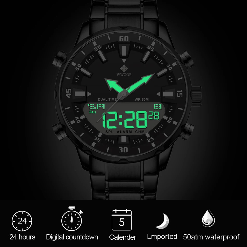 WWOOR Mens Watches Digital Sport Waterproof Steel Military Quartz Watch For Men Fashion Luminous Male Clock Reloj Hombre 250908