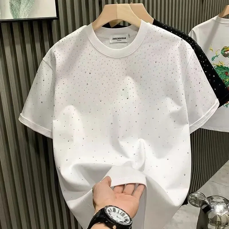 Summer Rhinestone Rivet Tshirt for Men Clothing Round Neck Casual Tshirt Fashion High Street 2025 Mens Summer Short Sleeves 250908