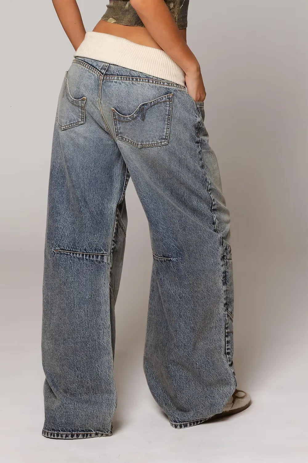 Womens Hip Hop Splice Fashion Basics Retro Jeans Simple Dressing Up Daily Necessary Wide Leg Pants Baggy Cargo Pants 250908