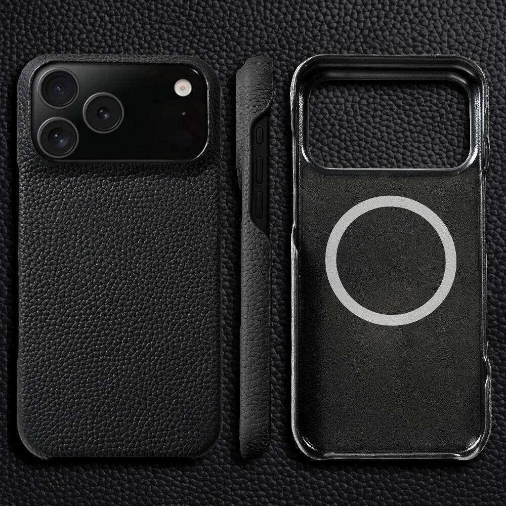 Magsafe Case for iPhone 17 Air 15 16 Pro Max 17Pro Lychee Natural Cowhide Leather Magnetic Protector Phone Back Cover