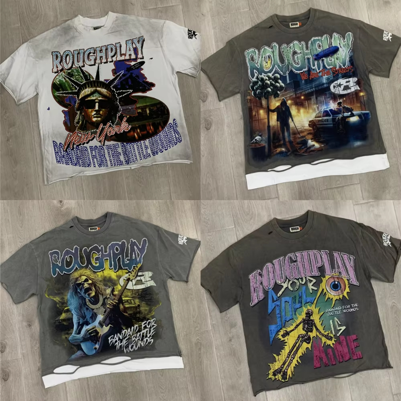 Print Short Sleeve Top Tee Men Women Washed Hole Hot Rough Play T-shirts