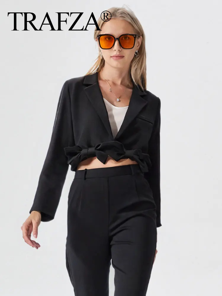 TRAFZA Female Elegant Spring Causal Blazer Solid Color TurnDown Collar Long Sleeves Bow Decorate High Street Cropped Coats 250908