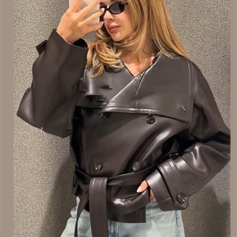 Street Womens Cropped Leather Jackets With Belt Lapel Double Breasted Pockets Long Sleeve Coat Autumn Lady Vintage Outwear 250907
