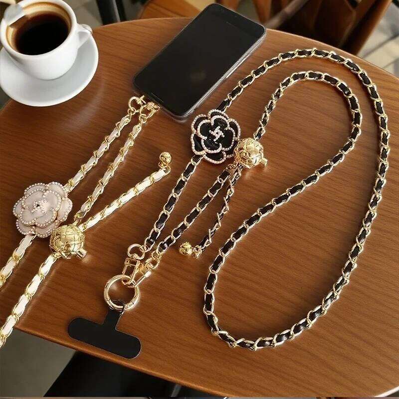 Mobile phone lanyard Adjustable Round Ball CrossbodyTelescopic Buckle Camellia Phone Lanyard Pickup Neck Bag Metal Chain Mobile