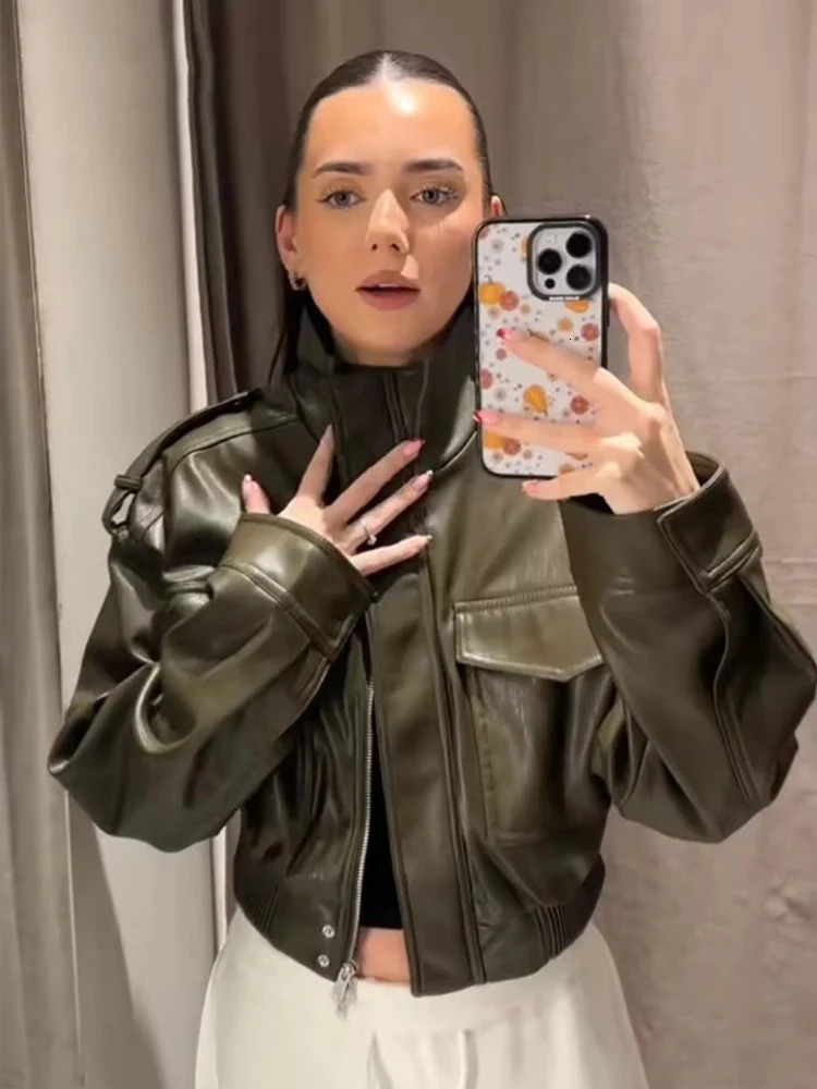 TRAF Fashion Faux Leather Jackets for Women Loose Zipper Long Sleeve Female Short Coats Autumn Lady Casual Outerwear 250908