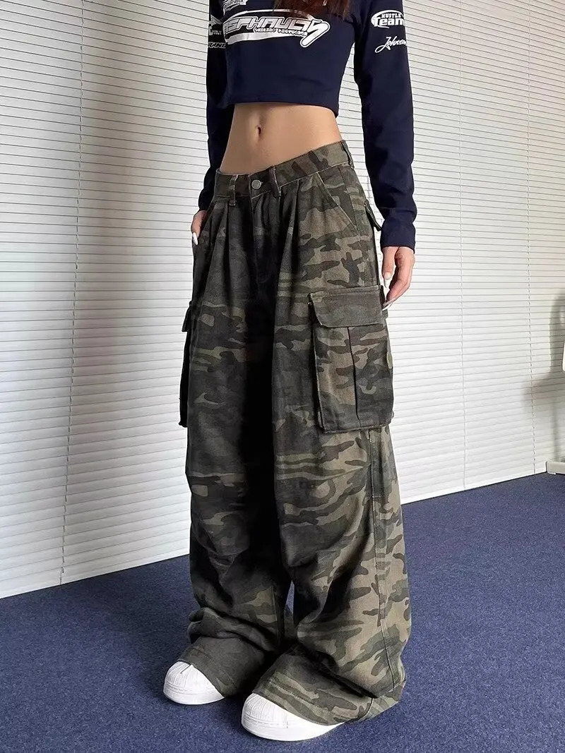 Autumn Fashion Vintage Washed Cargo Jeans for Women Y2k American Style High Waist Baggy Cargo Pants Casual Camouflage Jeans 250908