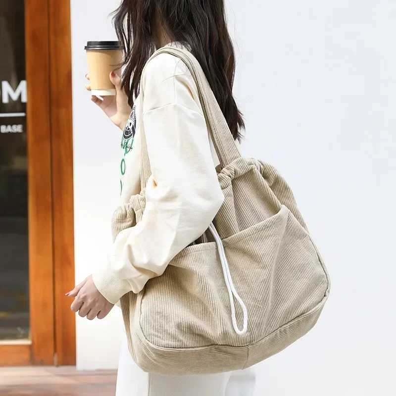 Simple Casual Totes Teenager Students Corduroy Shoulder Bag Women Large Drawstring Handbag Ladies Shopping Bags R250908