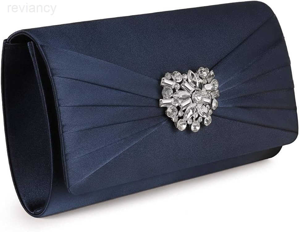 Evening Bags For Women Pleated Satin Rhinestone Brooch Prom Clutch Purse With Detachable Chain Strap Deep Navy BlueW250908