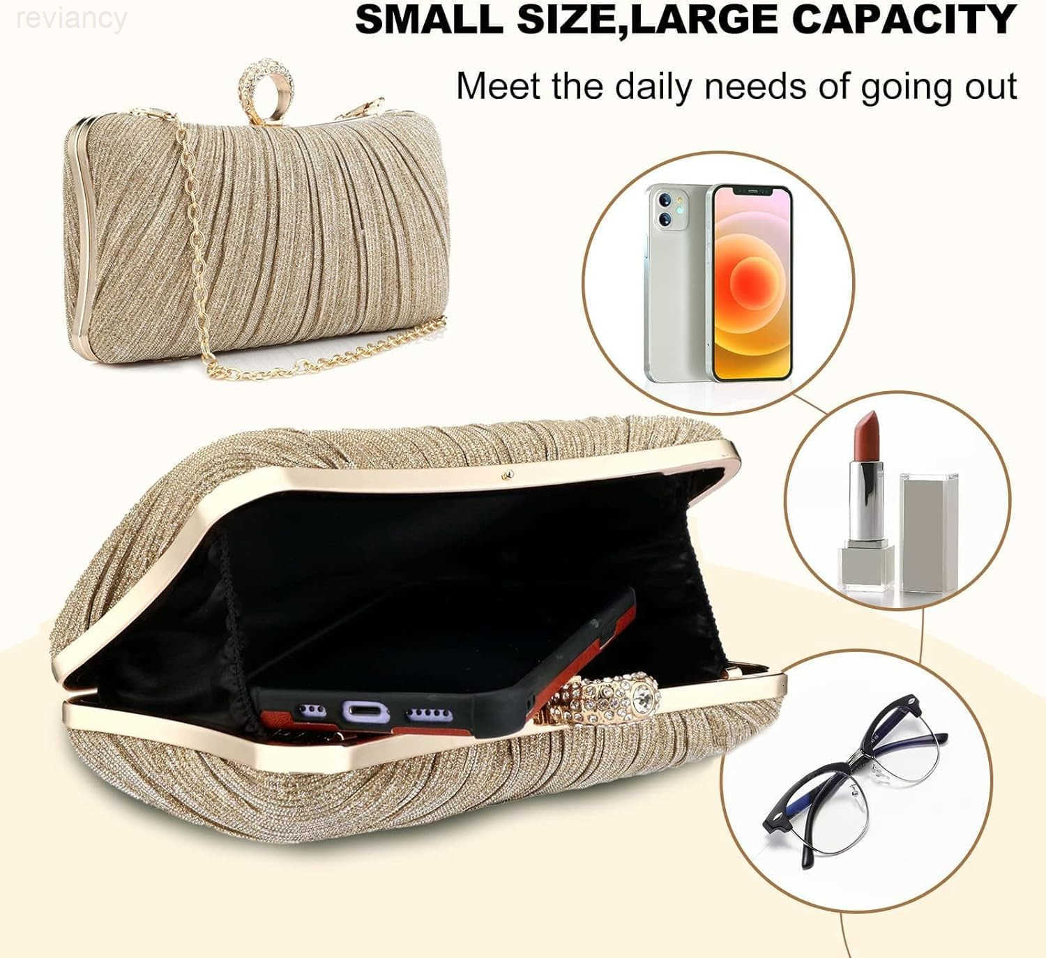 Evening Handbag Women Gold Glitter Clutch Purse Pleated Wedding Clutch for Bridal Wedding PartyW250908