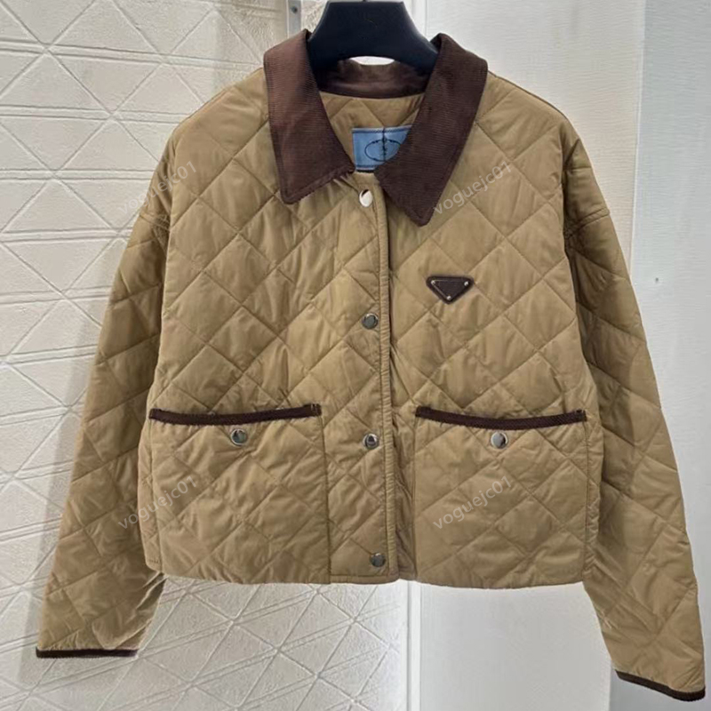 25 autumn and winter luxury brand new designer triangle metal logo stitching corduroy collar plaid short women's cotton coat jacket