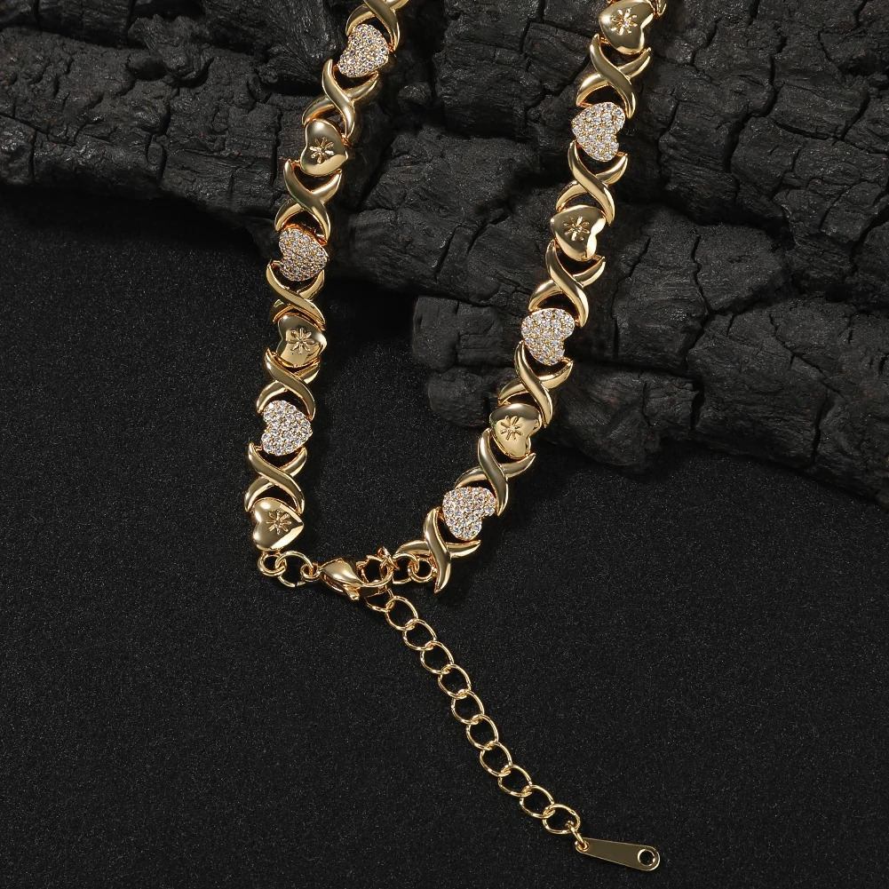 TBTK Iced Heart XO Link Polished Chain Necklace Micro Paved Cubic Zirconia Female Bracelet Gift HipHop Jewelry 250908
