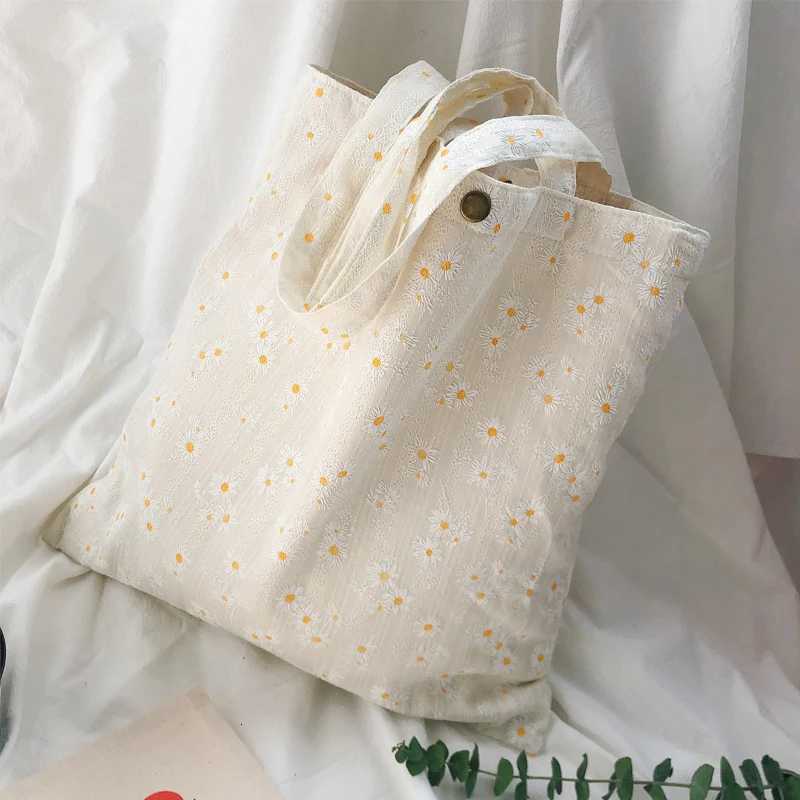 Daisy Print Women Canvas Shoulder Bag 3D Flower Coth Handbag Casual Tote Student Literary Books Purse Girls Eco Shopping Bags R250908