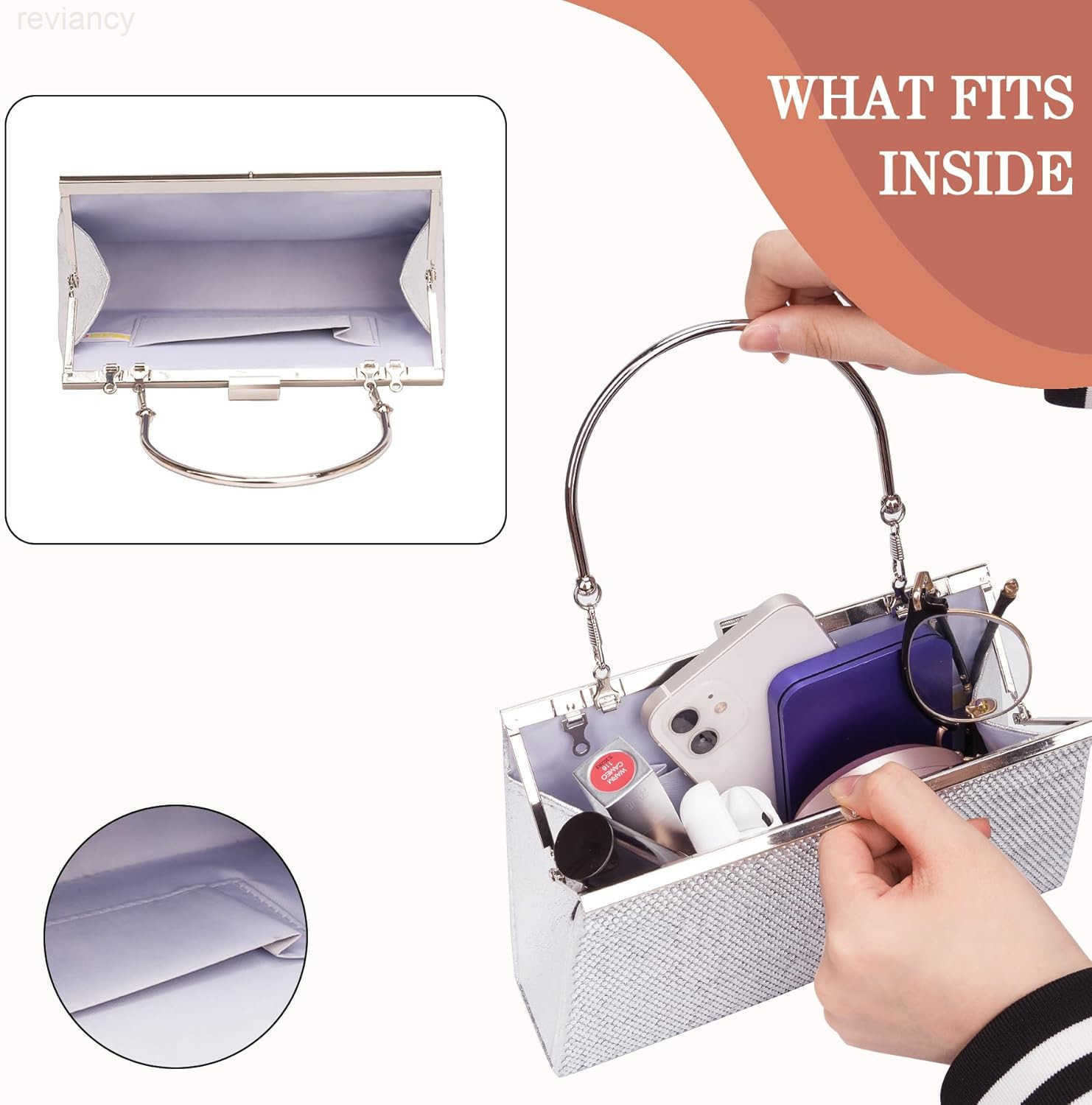 Womens Evening Handbags Sparkly TopHandle Rhinestone Purse wChain Fashion Diamond Silver Clutch Cross Body Bag for Prom Party Wedding Cocktail Date Fo