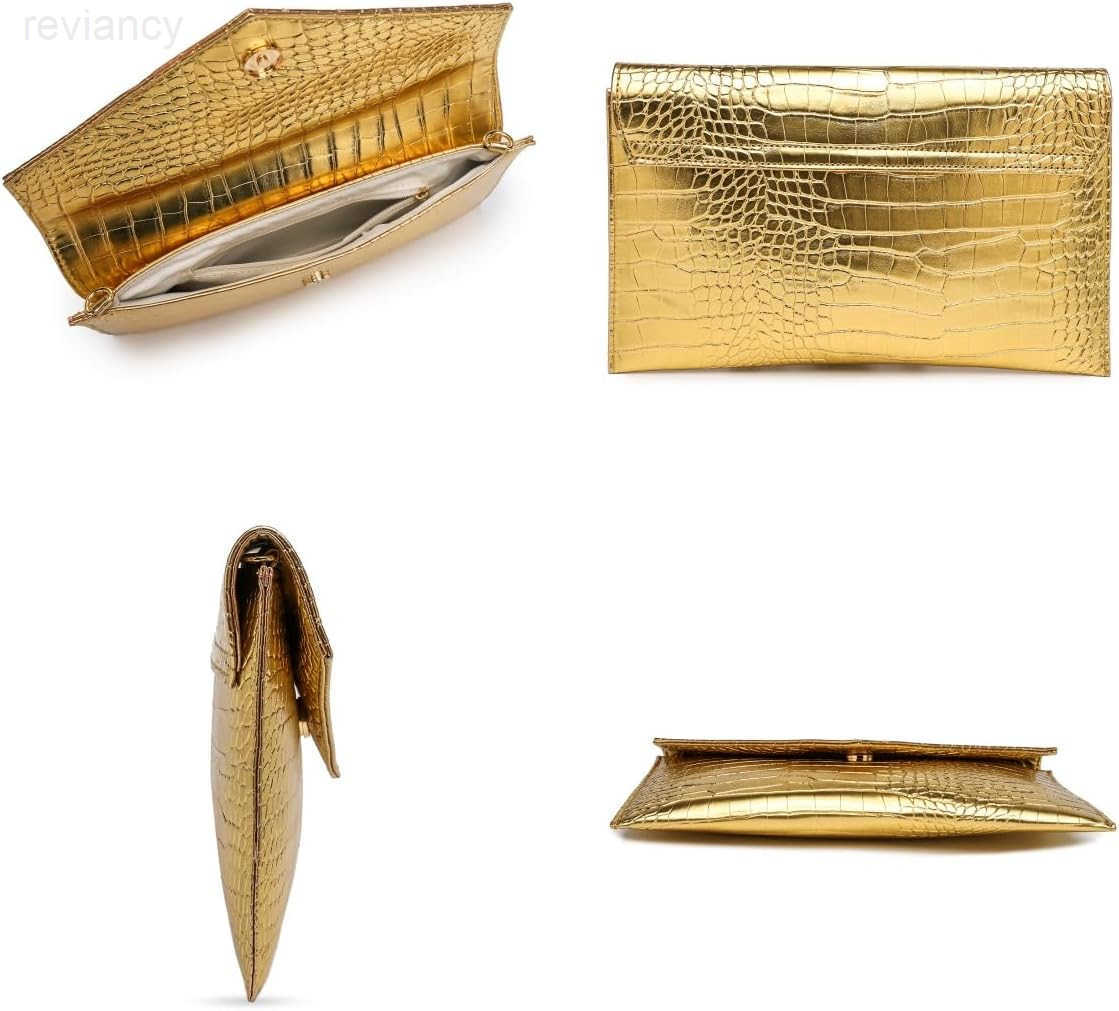 Women Envelope Clutch Purse Handbag Metallic Leather Crossbody Shoulder Foldover Evening Bag Formal Wedding PartyW250908