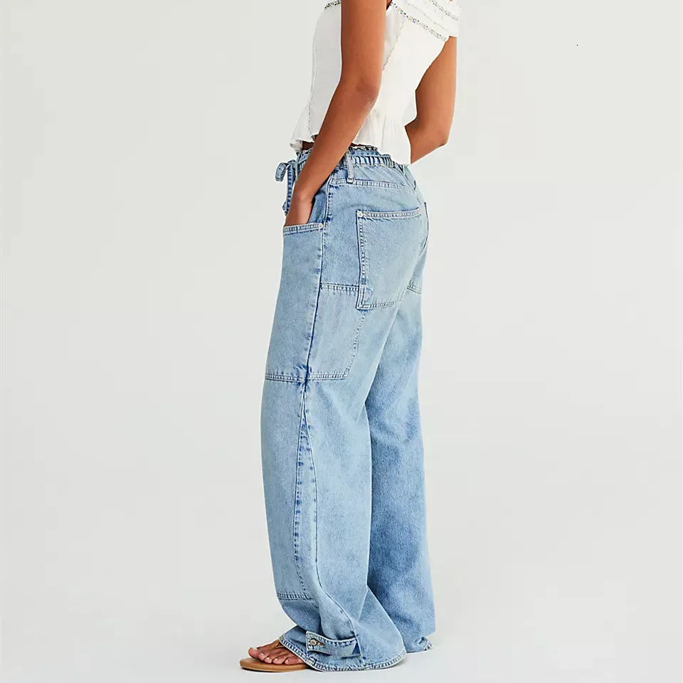 Women Fashion WideLeg Jeans Big Pockets Loose Denim Pants Spring Summer Casual Baggy Trousers Y2K Vintage Streetwear 250908