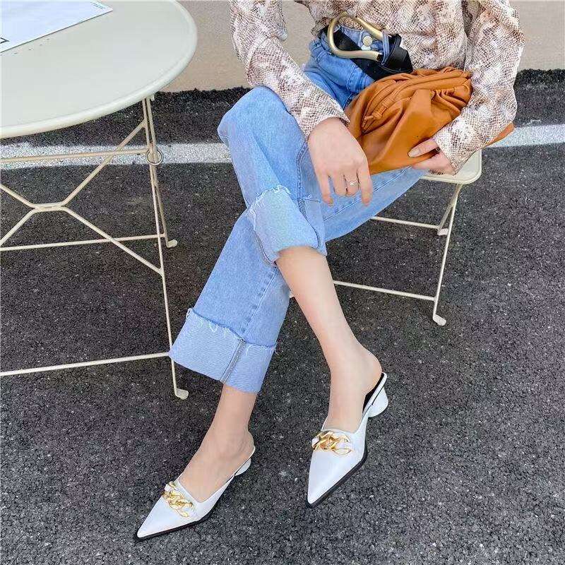Summer Women New Black High Slippers Close Toe Block Heels Mules Designer Slip on Loafers Slides Party Shoes dh911463038