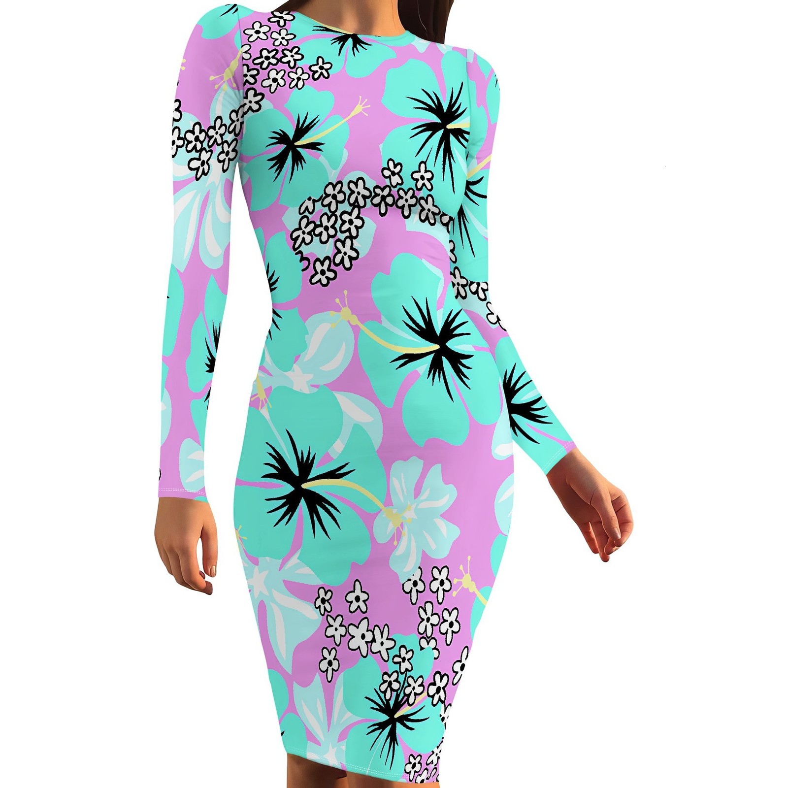 Hotselling Womens Fashionable Commuting Casual Printed Longsleeve Round Neck Midlength Dress 210806