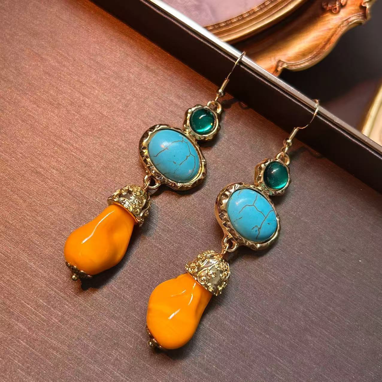 YYGEM Blue Turquoise Nugget Shape Gold Plated Brushed Bead Dangle Hook Earrings office style for women 240910