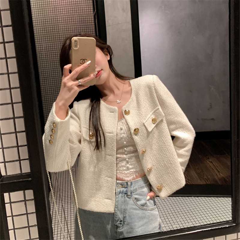 Women's Jackets Vintage Black Tweed Jacket Women Spring Autumn Golden Button Wool Coat Wide-waisted Long-sleeve Business