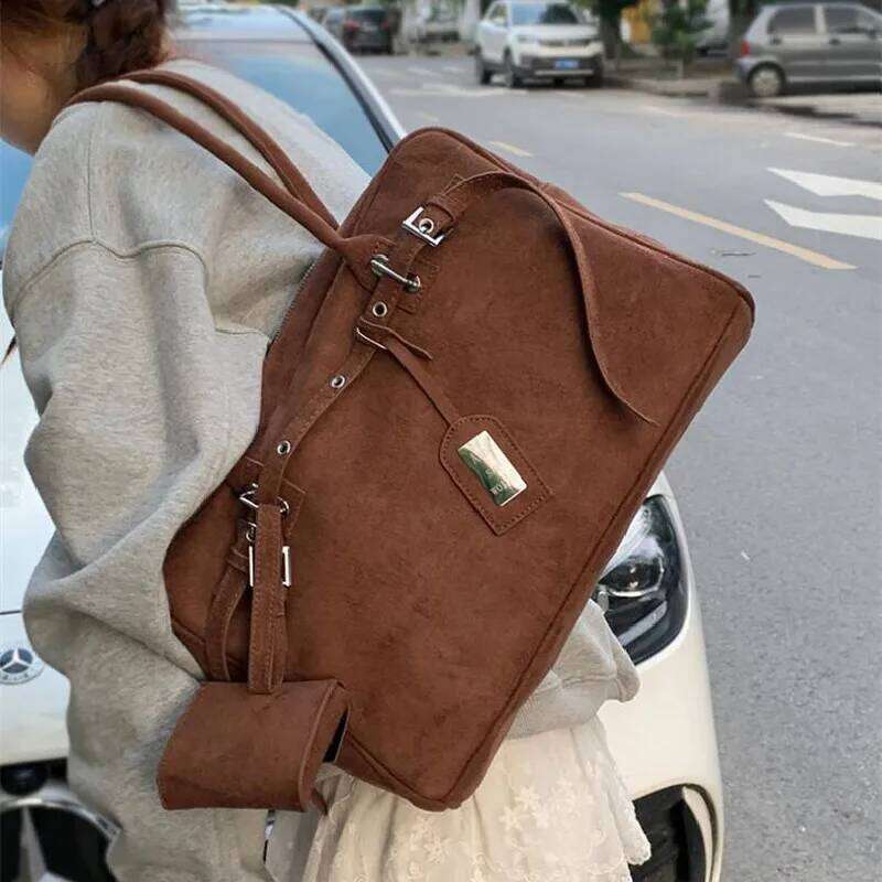 2025 New Large Capacity Vintage Style Suede Tote Bag With Belt Buckle Closure Soft Cow Leather Shoulder Handbag For Office Use