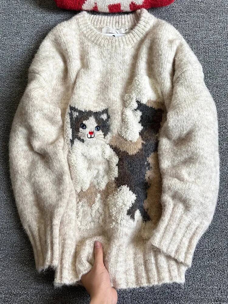 2025 Cute Cat design Knitted Sweater Women's Trendy Loose Soft Lazy Style Warm Hoodie Autumn/Winter New Designer Clothing