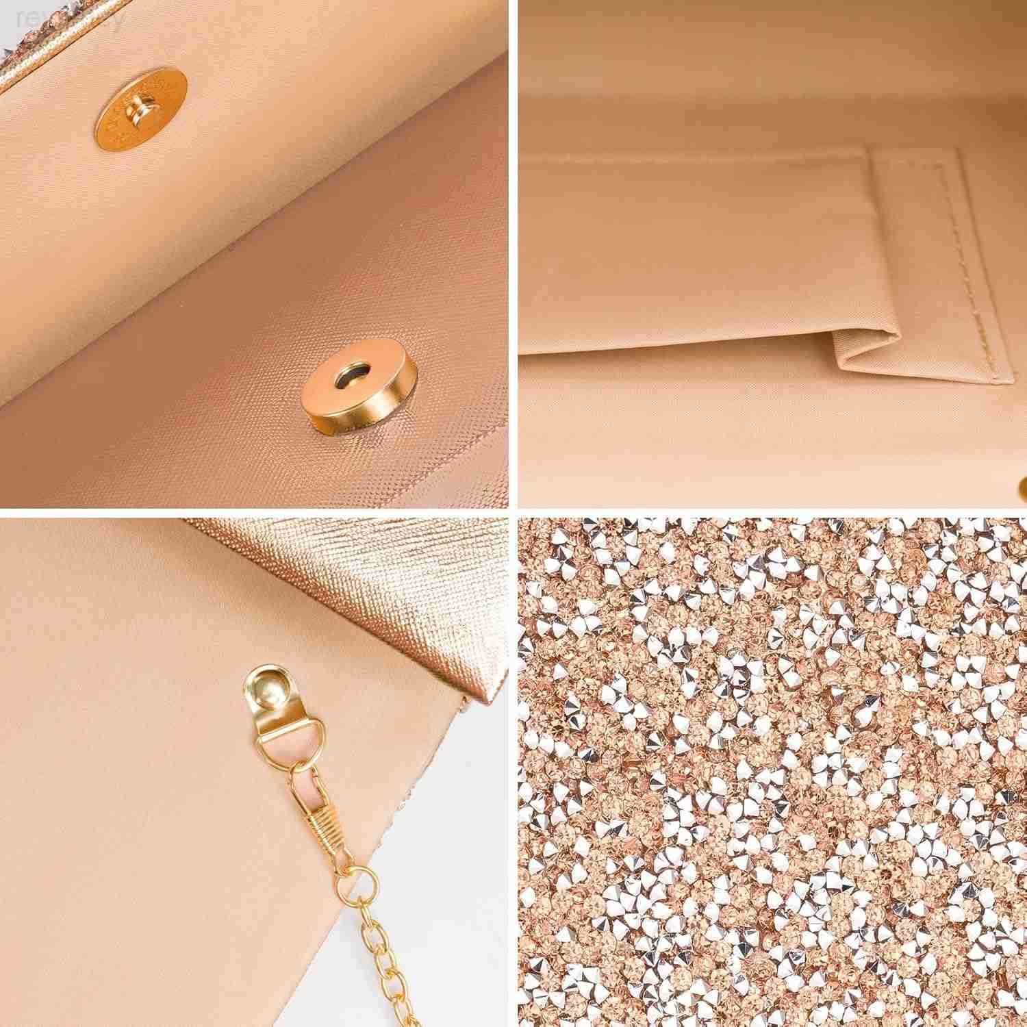Womens Evening Handbags Bling Rhinestone Purse wChain Stunning Rose Gold Envelope Clutch Bag Formal Shoulder Crossbody Bag for Prom Bachelor Party Wed