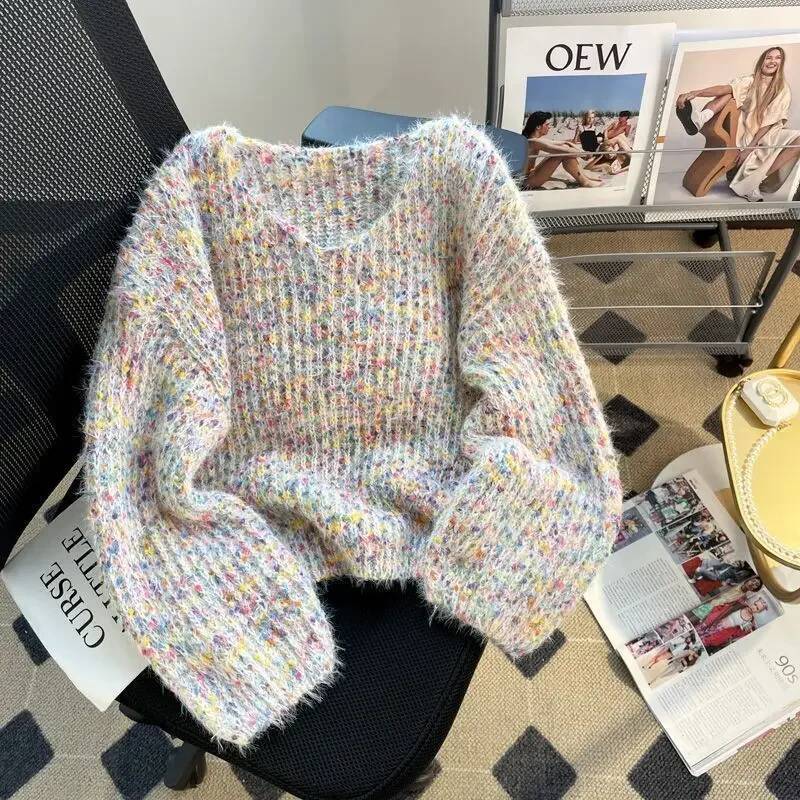 2025 Soft Style Polka Dot Lazy Sweater Women's S Trend Autumn/Winter New Loose Version Soft Soft Knitted Top V-neck Pullover design Autumn/Winter